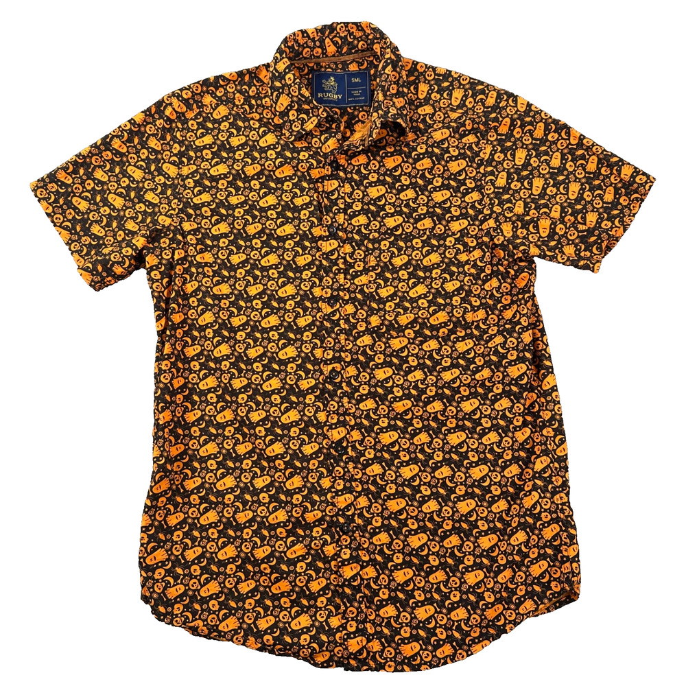 Rugby University Halloween Print Short Sleeve Button Down Mens Small Skull Ghost